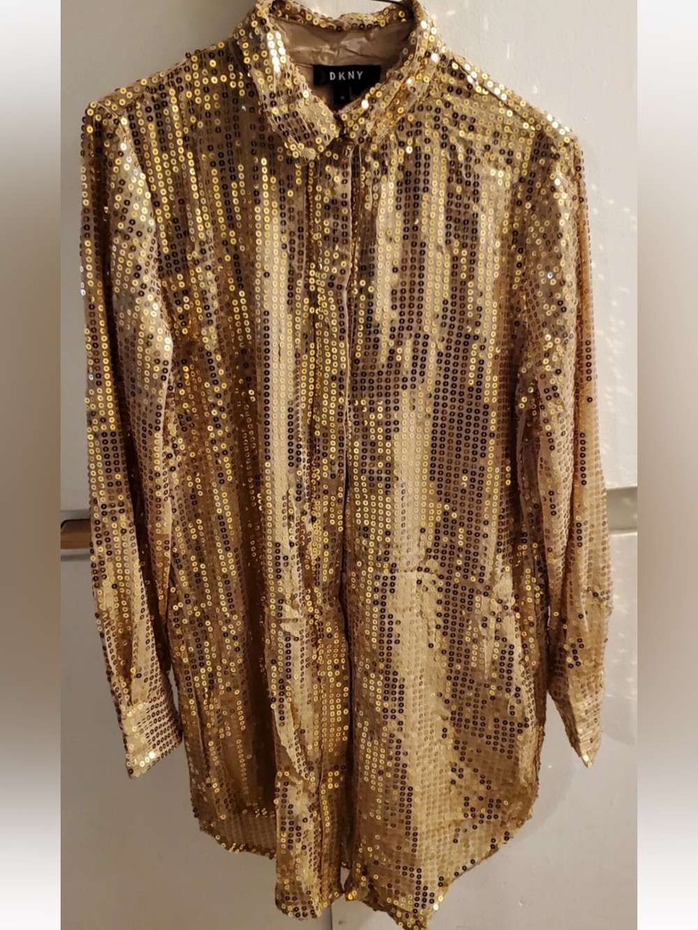 DKNY Shirt Gold Champagne Sequined Cheers New With Tag Size Large